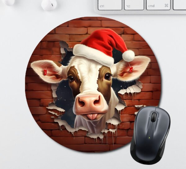 3D Christmas Cow brick wall breakout Printed Round Mouse Pad