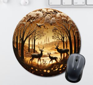 3D Christmas scene three deers in a forest by a river Printed Mouse Pad