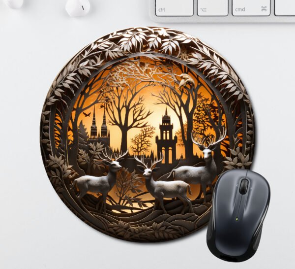 3D Christmas scene towers and deer in a forest Printed Mouse Pad