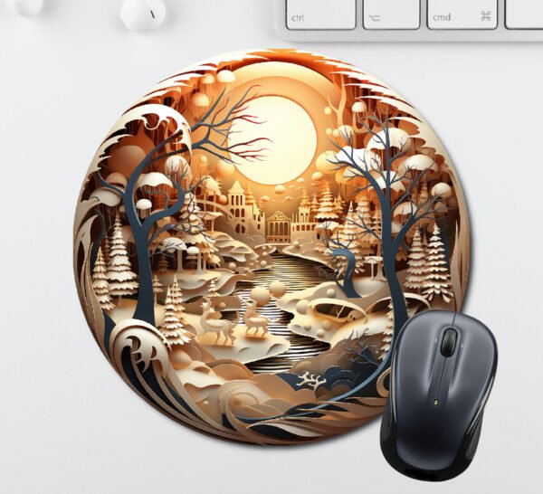 3D Christmas a river, a deer and a village in a forest Printed Mouse Pad