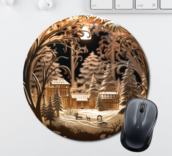3D Christmas a village with deer in the snow in a forest Printed Mouse Pad