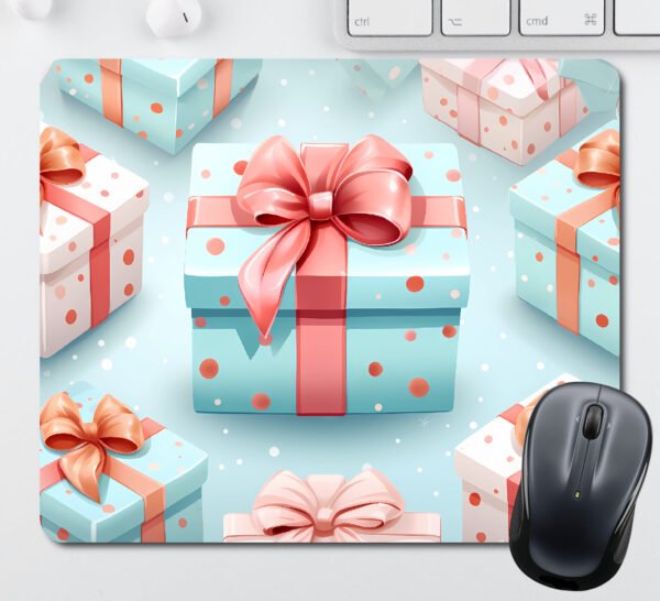 Christmas Mouse Pads - Blue Wrapped Presents with Red Dots and Red Ribbon
