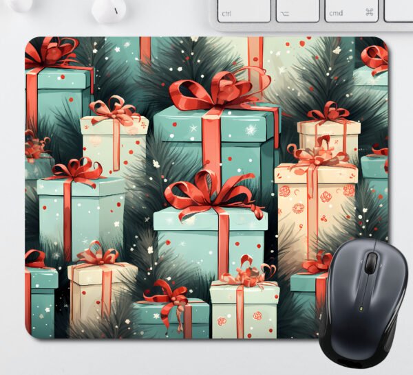 Christmas Mouse Pads - Green and Cream Wrapped Presents with Pine Branches and Red Ribbon