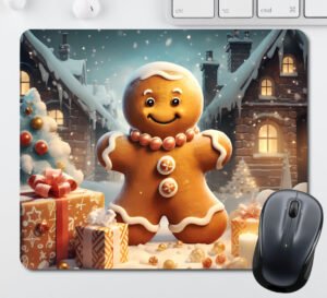 Christmas Mouse Pads - A Gingerbread Person with Presents in Front of Two Houses