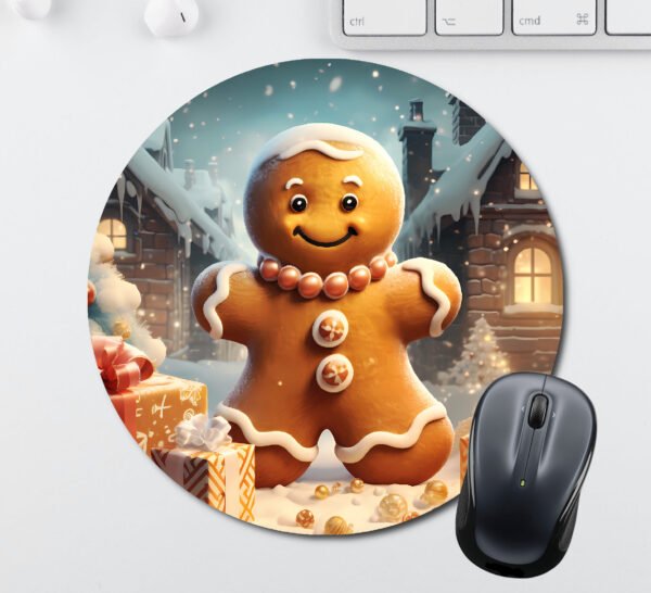 Christmas Mouse Pads - A Gingerbread Person with Presents in Front of Two Houses - Image 2