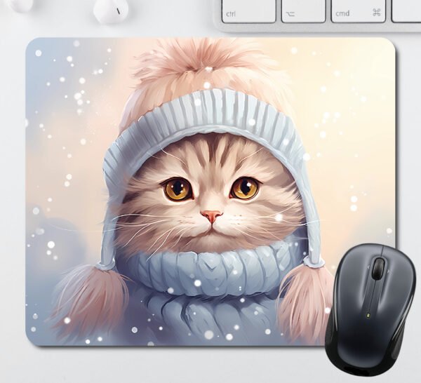 Christmas Mouse Pads - Fluffy Cat with a Beanie and a Jumper while Snowing
