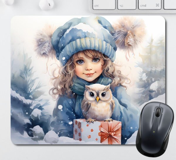 Christmas Mouse Pads - Pretty Girl with an Owl and a Present