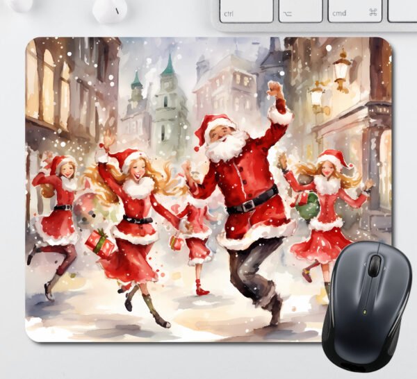 Christmas Mouse Pads - A Dressed Up Santa and Female Santa Helpers Dancing