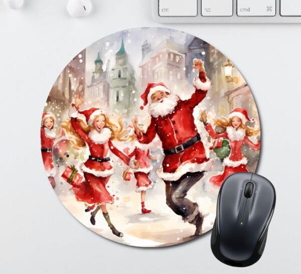 Christmas Mouse Pads - A Dressed Up Santa and Female Santa Helpers Dancing - Image 2
