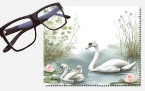 Swan and baby swans on a pond printed lens cleaning cloth