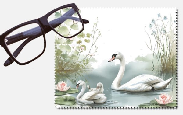 Swan and baby swans on a pond printed lens cleaning cloth