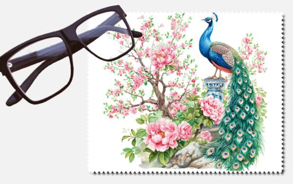 A peacock in a garden of pink flowers printed lens cleaning cloth