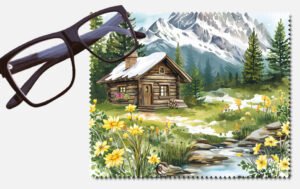 A cabin by a snowy mountain with trees, logs, rocks and flowers printed lens cleaning cloth