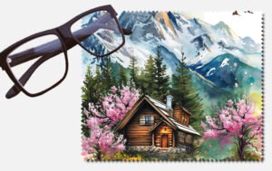 A cabin with pink trees by a snowy mountain printed lens cleaning cloth