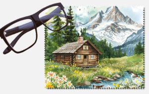 A cabin with flowers and a creek by a snowy mountain printed lens cleaning cloth