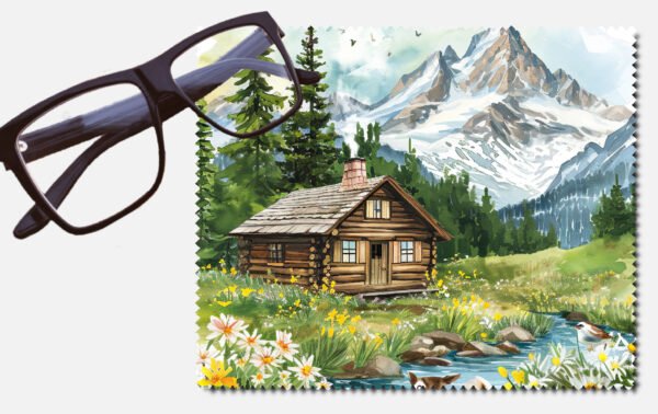 A cabin with flowers and a creek by a snowy mountain printed lens cleaning cloth