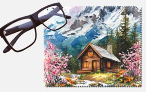 A cabin with pink trees and orange flowers by a snowy mountain printed lens cleaning cloth