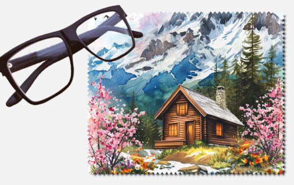 A cabin with pink trees and orange flowers by a snowy mountain printed lens cleaning cloth