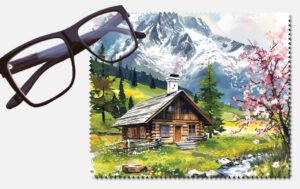 A cabin and tree with pink flowers and a small stream by a snowy mountain printed lens cleaning cloth