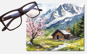 A cabin a dog and a tree with pink flowers, a small stream by a snowy mountain printed lens cleaning cloth