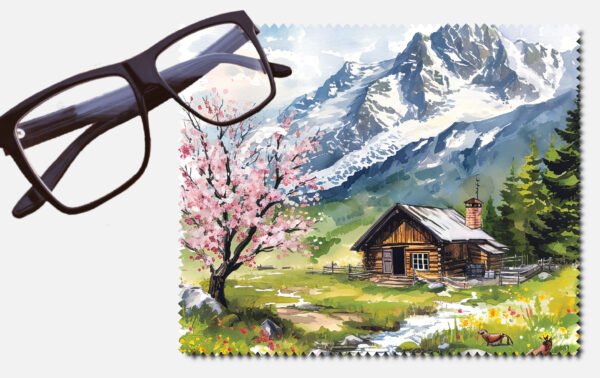 A cabin a dog and a tree with pink flowers, a small stream by a snowy mountain printed lens cleaning cloth
