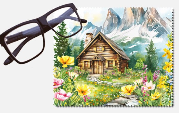A cabin a cobble stone path and lots of flowers by a snowy mountain printed lens cleaning cloth