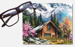 A cabin and trees with pink flowers and orange leaves by a snowy mountain printed lens cleaning cloth
