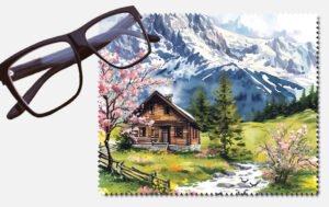 A cabin with pine trees and trees with pink flowers and a fence by a snowy mountain printed lens cleaning cloth