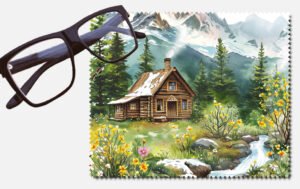A cabin with pine trees and yellow flowers and a creek by a snowy mountain printed lens cleaning cloth