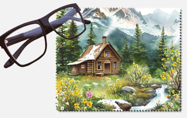 A cabin with pine trees and yellow flowers and a creek by a snowy mountain printed lens cleaning cloth
