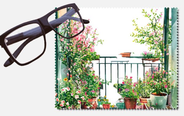 A balcony with pot with different coloured flowers printed lens cleaning cloth