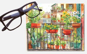 A balcony with different plants and flowers and buildings behind printed lens cleaning cloth
