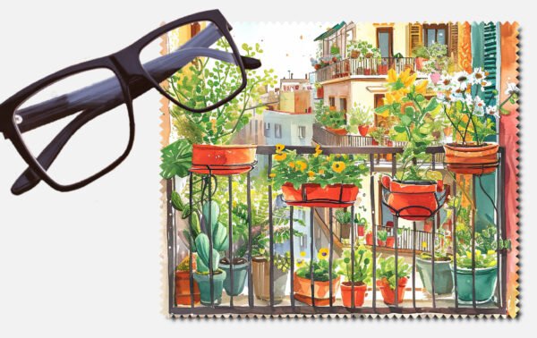 A balcony with different plants and flowers and buildings behind printed lens cleaning cloth