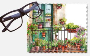 A balcony with lots of plants and flowers printed lens cleaning cloth