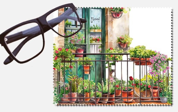 A balcony with lots of plants and flowers printed lens cleaning cloth