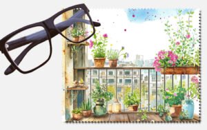 A balcony with pink flowers printed lens cleaning cloth
