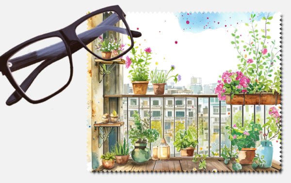A balcony with pink flowers printed lens cleaning cloth