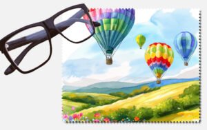 Hot air balloons over hills and mountains printed lens cleaning cloth