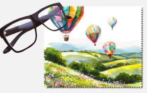 Hot air balloons over hills printed lens cleaning cloth