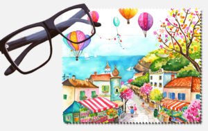 Hot air balloons over an ocean beside a small village lens cleaning cloth