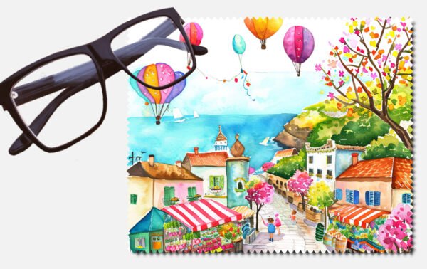 Hot air balloons over an ocean beside a small village lens cleaning cloth
