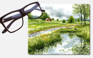 A distant farm house and lovely stream lens cleaning cloth