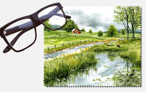 A distant farm house and lovely stream lens cleaning cloth