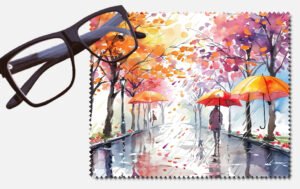 A rainy day with a person holding an umbrella and two floating umbrellas lens cleaning cloth