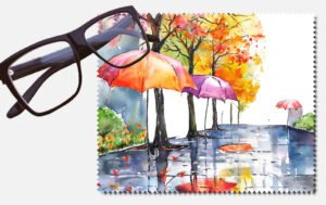 A wintery day with three floating umbrellas lens cleaning cloth