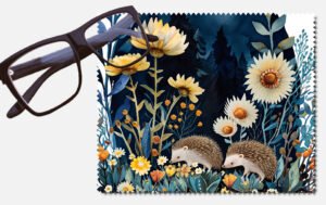 Two hedgehogs at night amongst flowers lens cleaning cloth