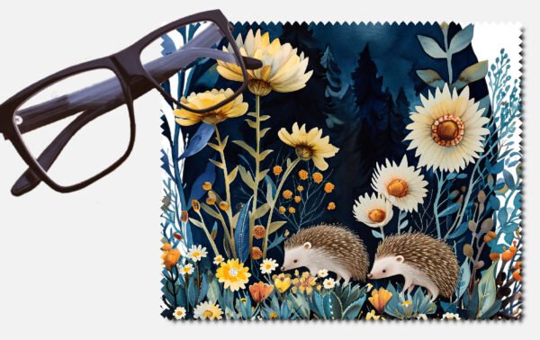 Two hedgehogs at night amongst flowers lens cleaning cloth