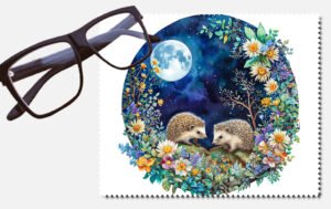 Two hedgehogs by the light of a full moon with lots of flowers lens cleaning cloth