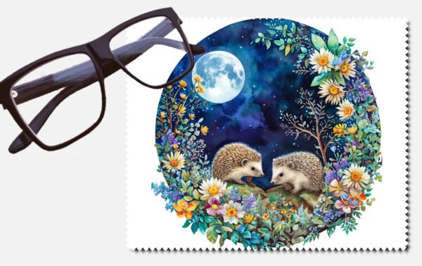 Two hedgehogs by the light of a full moon with lots of flowers lens cleaning cloth