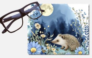 A hedgehog by the light of a full moon with flowers lens cleaning cloth